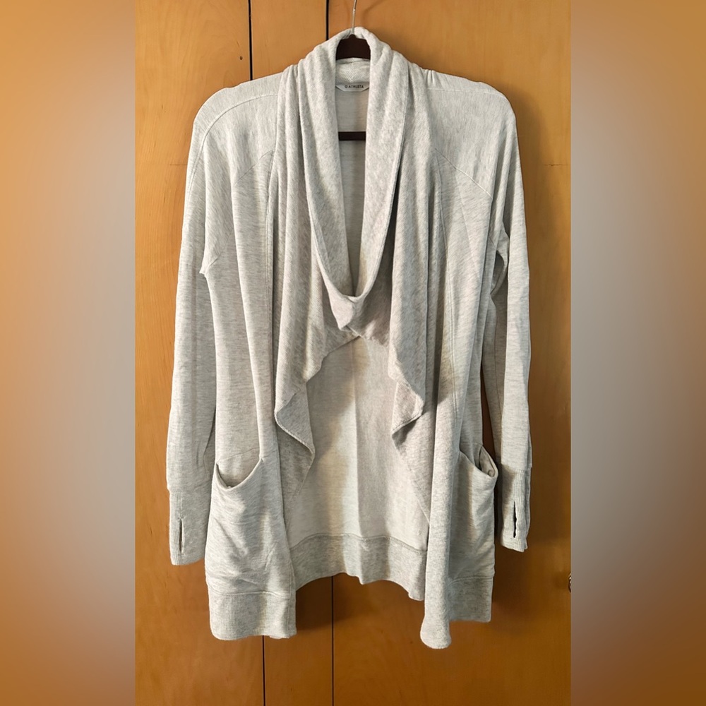 Athleta Gray Studio Wrap Cardigan Asymmetric Waterfall Pockets Thumbholes XS